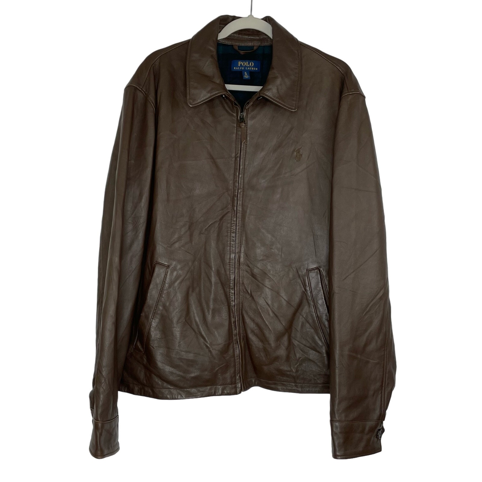 Polo Ralph Lauren Brown Full Zip Jacket Lambswool Leather Xl 100% Cotton Lining
